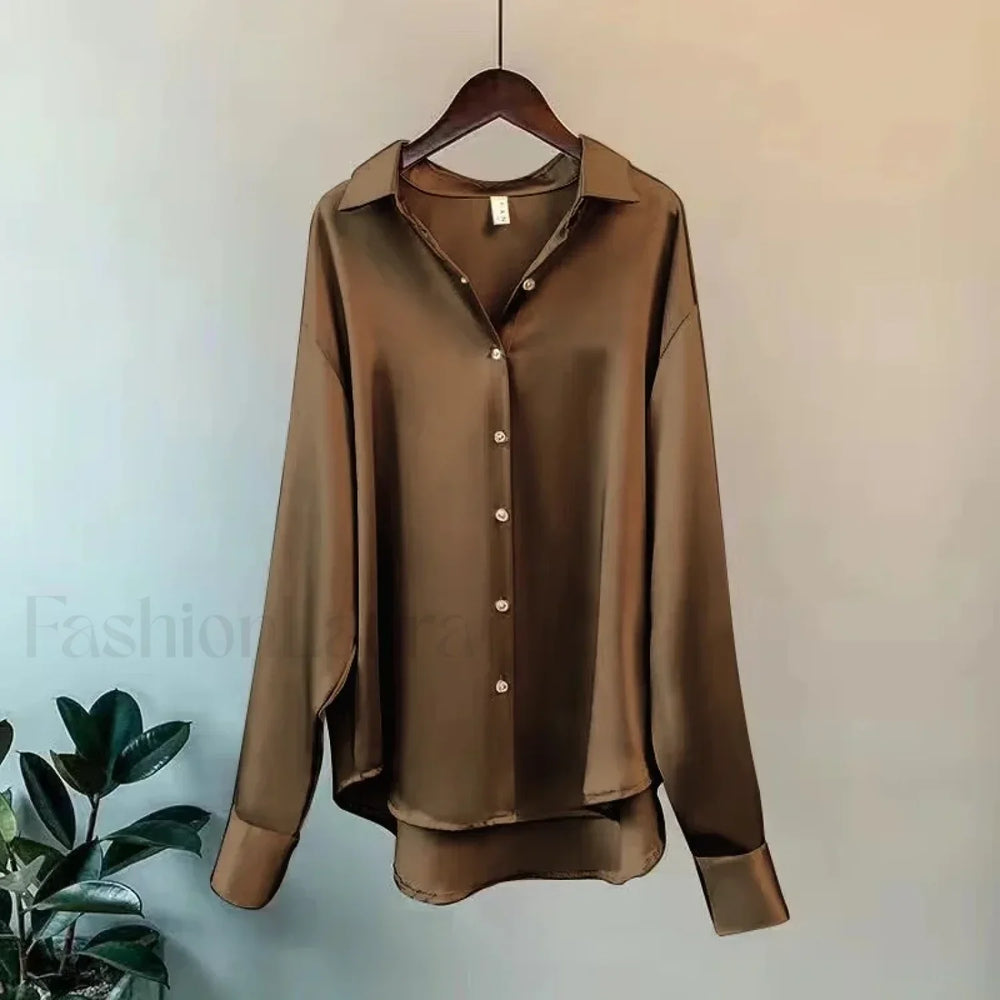 Long French Soft Elegant Simple Hollow Out Blouse COFFEE / S