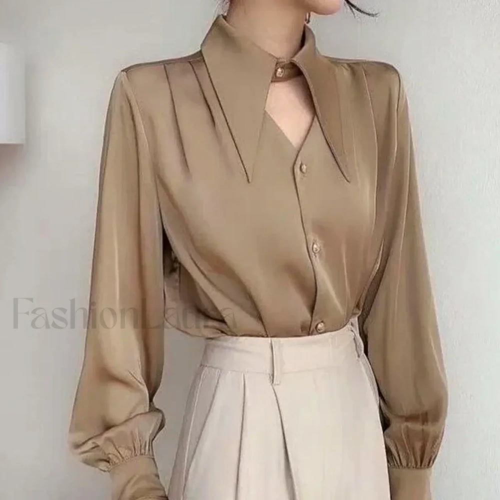 Long French Soft Elegant Simple Hollow Out Blouse Khaki / S