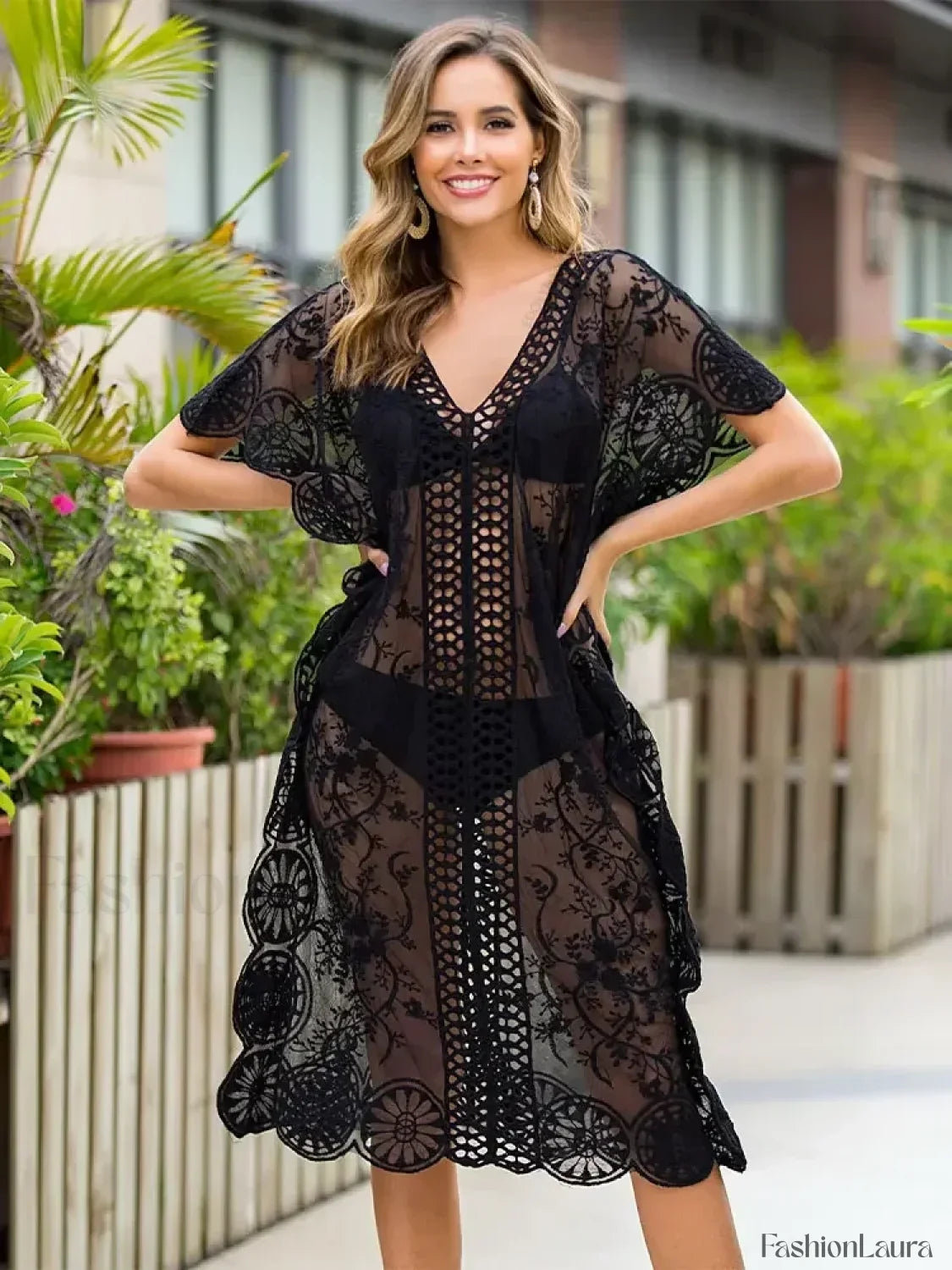Long Lace Plus Size Cover Up BLACK / One Size