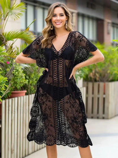 Long Lace Plus Size Cover Up BLACK / One Size