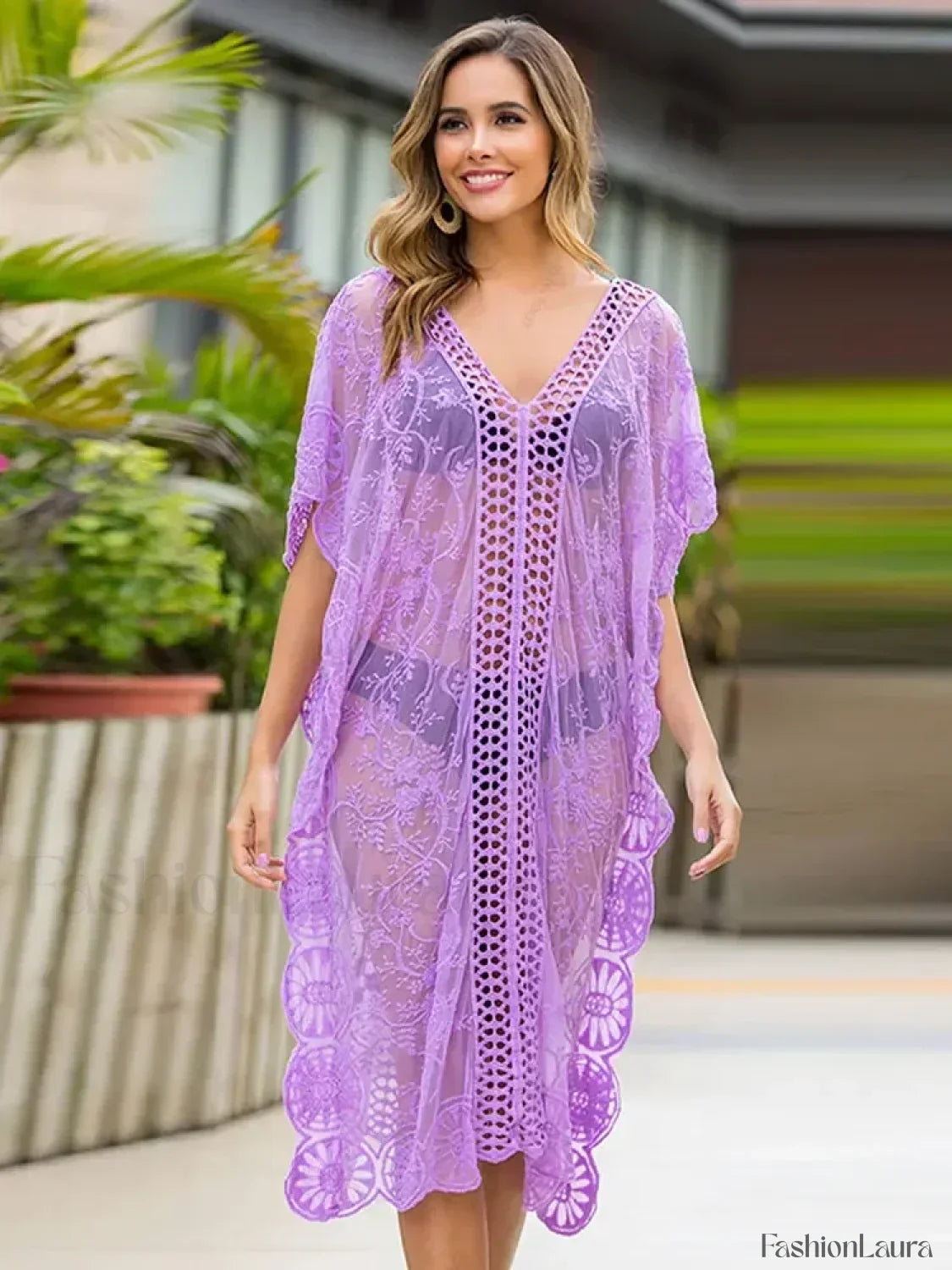 Long Lace Plus Size Cover Up PURPLE / One Size