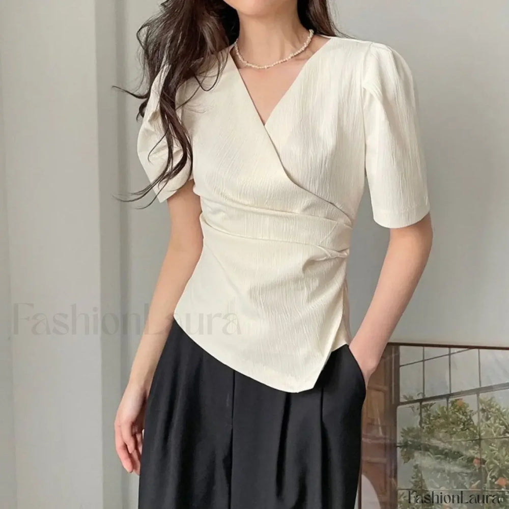 Long Retro Office Casual Clothing Tops Blouse Beige / S