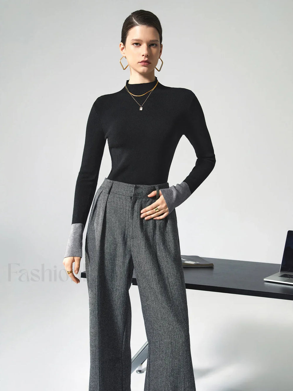 Long Sleeve Contrast Cuff Knit Top Knit Tops