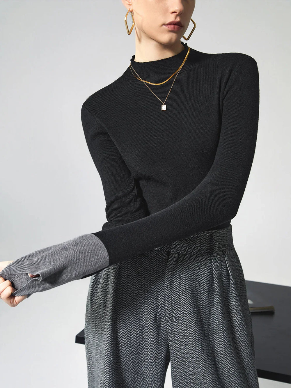 Long Sleeve Contrast Cuff Knit Top Knit Tops