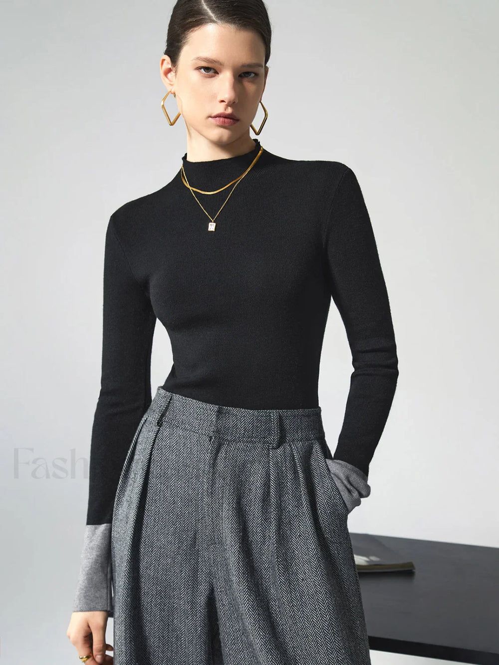 Long Sleeve Contrast Cuff Knit Top Knit Tops