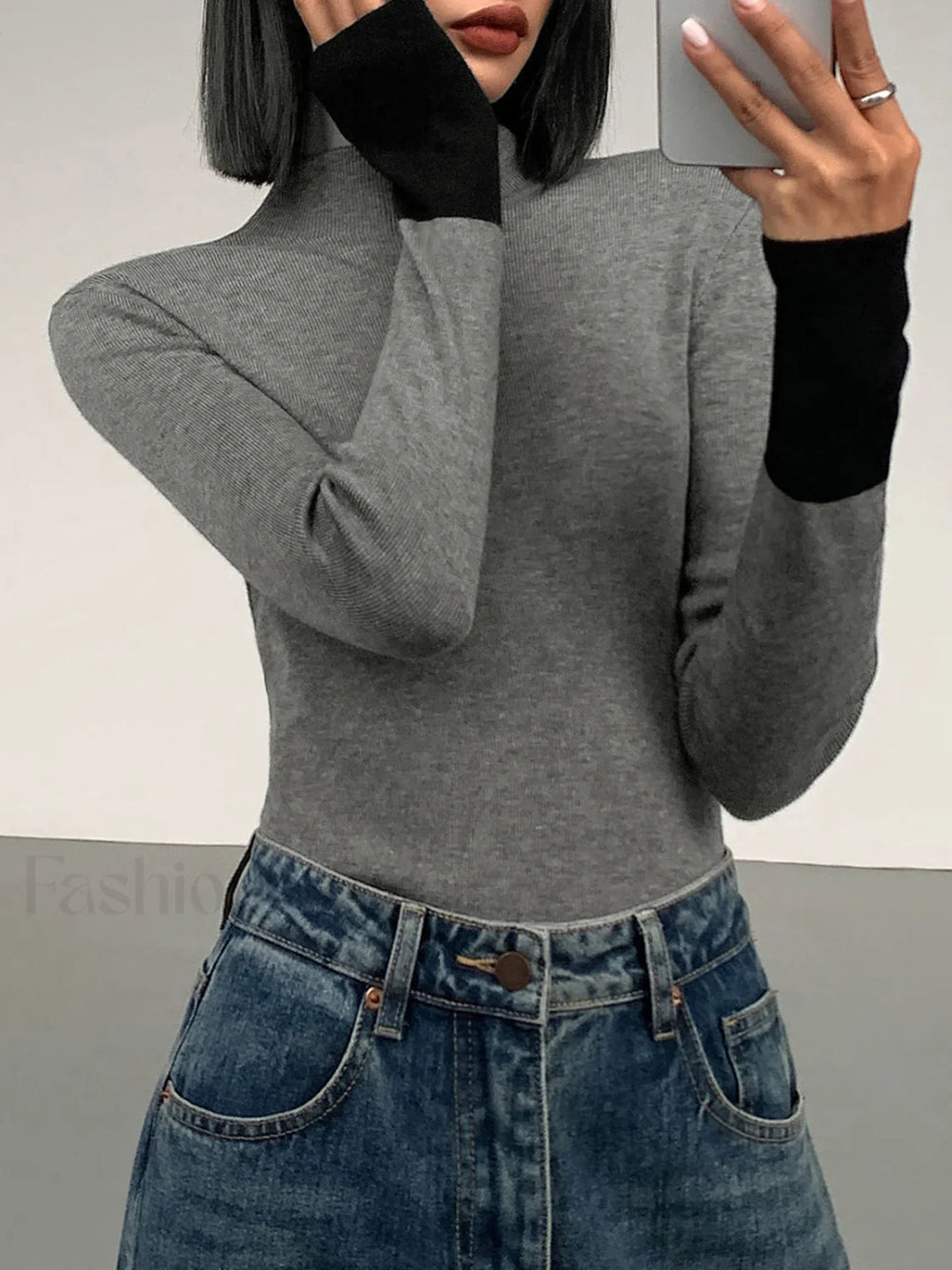 Long Sleeve Contrast Cuff Knit Top Knit Tops