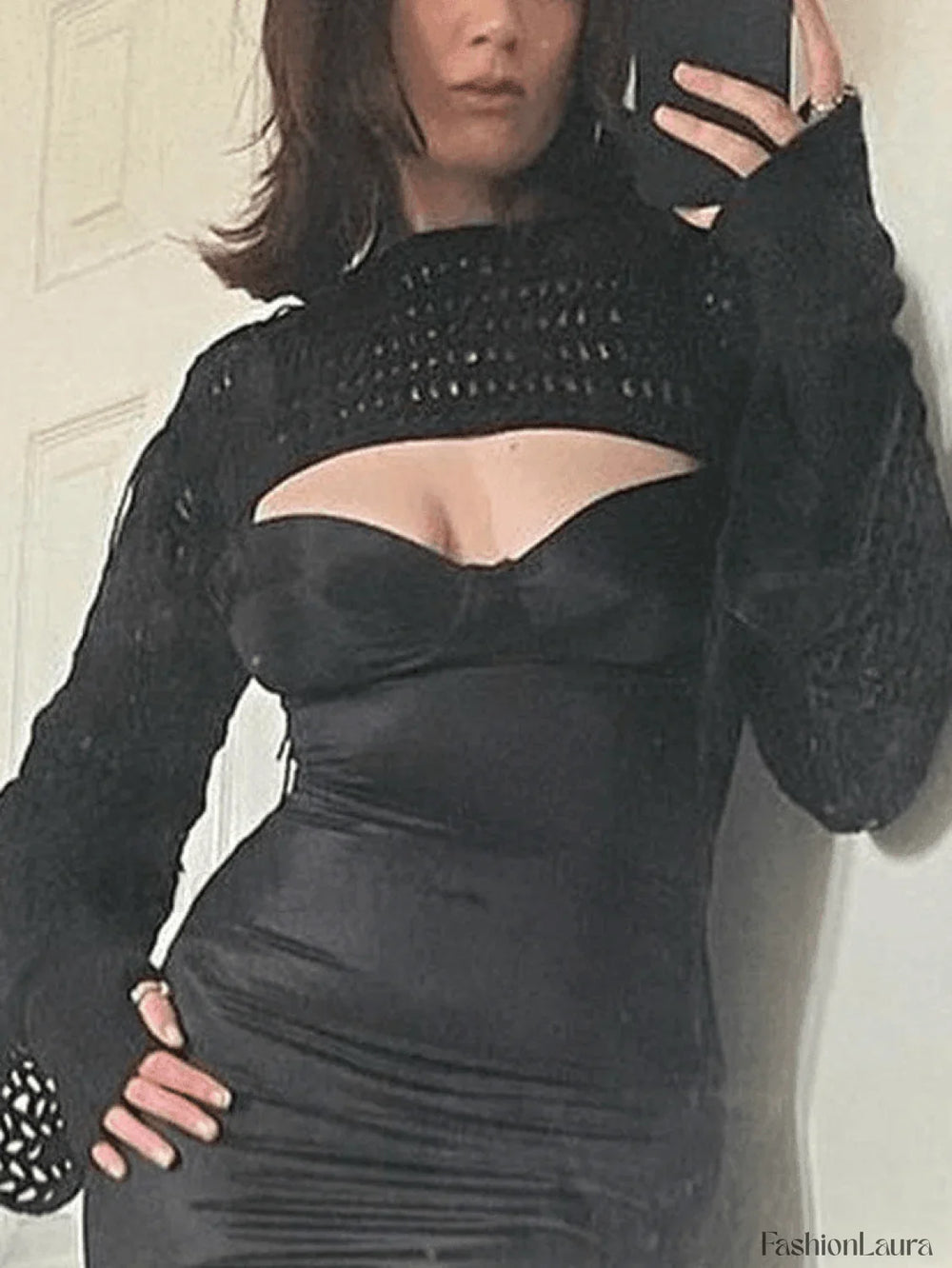 Long Sleeve Crochet Bolero Knit Top Black / ONE SIZE Tops&Tees