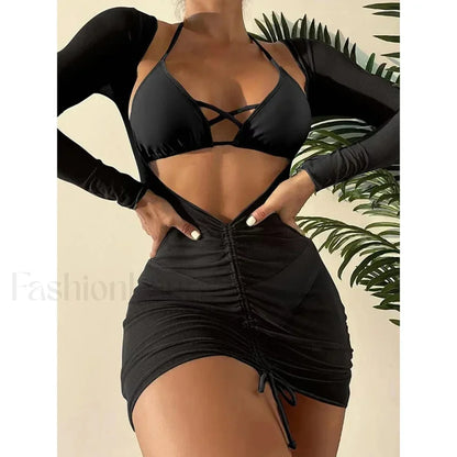 Long Sleeve Drawstring Three Piece Set Black / S