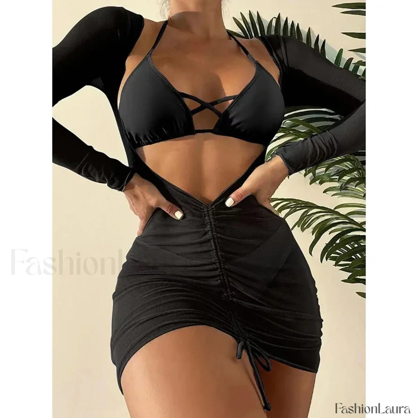 Long Sleeve Drawstring Three Piece Set Black / S