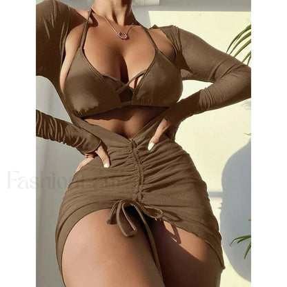 Long Sleeve Drawstring Three Piece Set Dark Brown / S