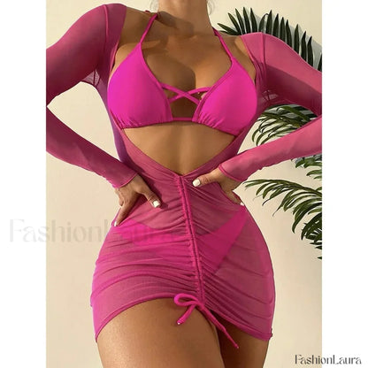 Long Sleeve Drawstring Three Piece Set Rose Red / S