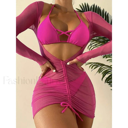 Long Sleeve Drawstring Three Piece Set Rose Red / S