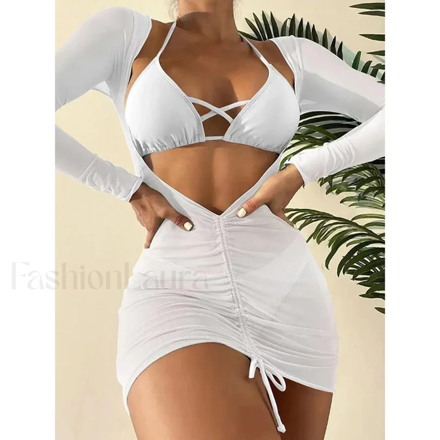 Long Sleeve Drawstring Three Piece Set White / S