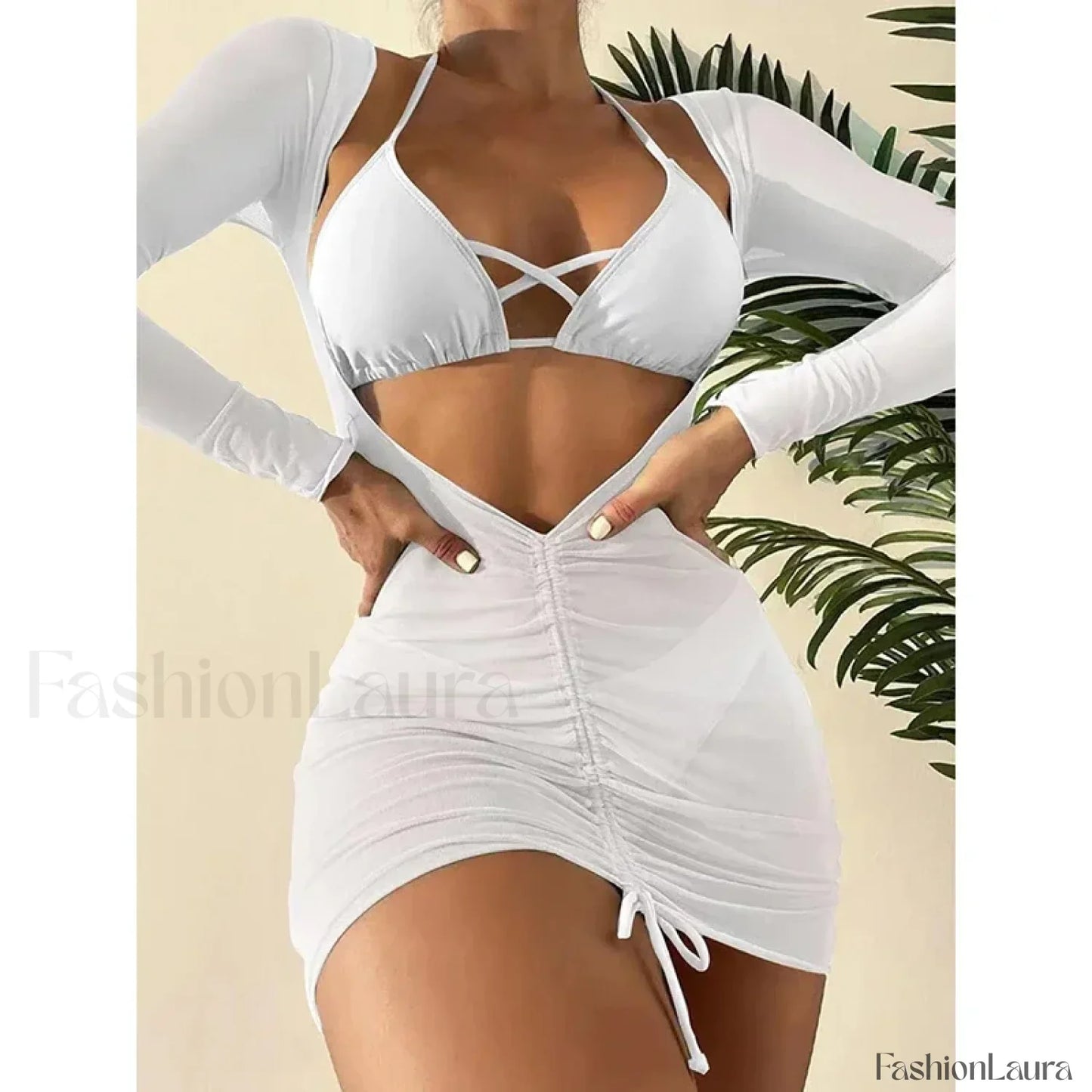 Long Sleeve Drawstring Three Piece Set White / S