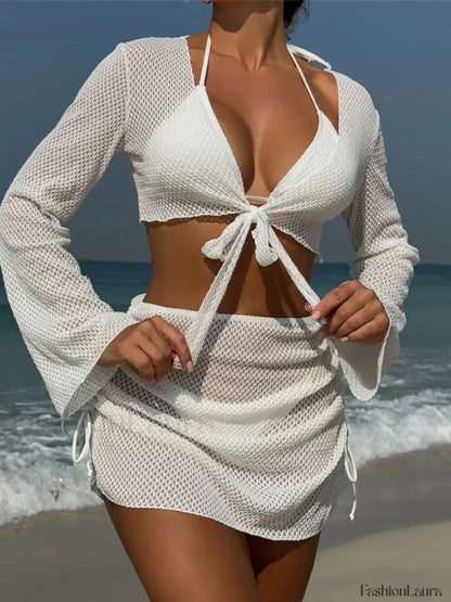 Long Sleeve Halter Bikini Four Piece Set WHITE / S