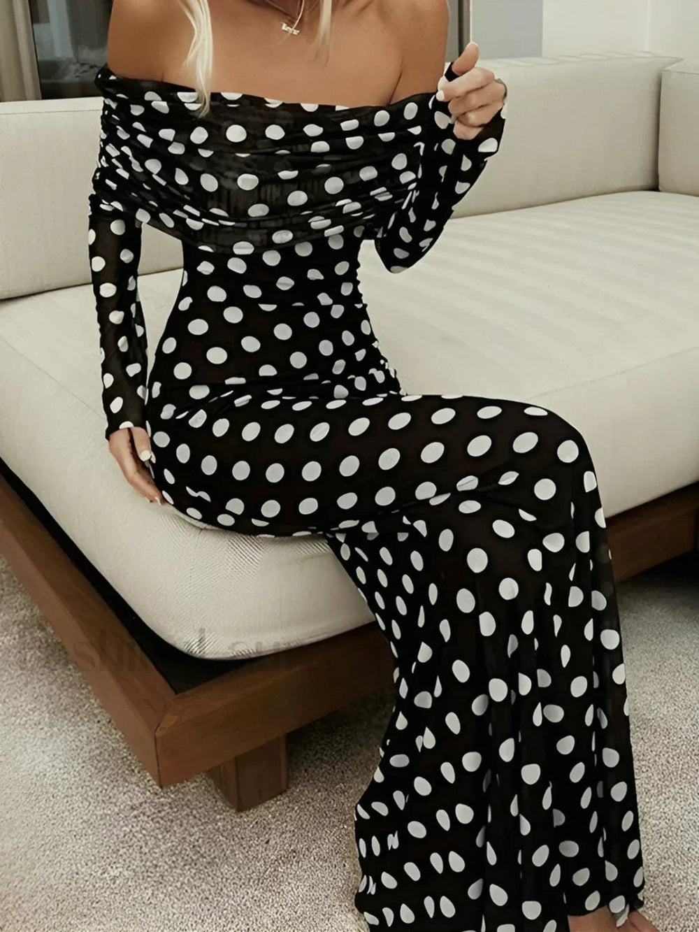 Long Sleeve Off Shoulder Polka Dot Print Long Dress Black / XS Dresses