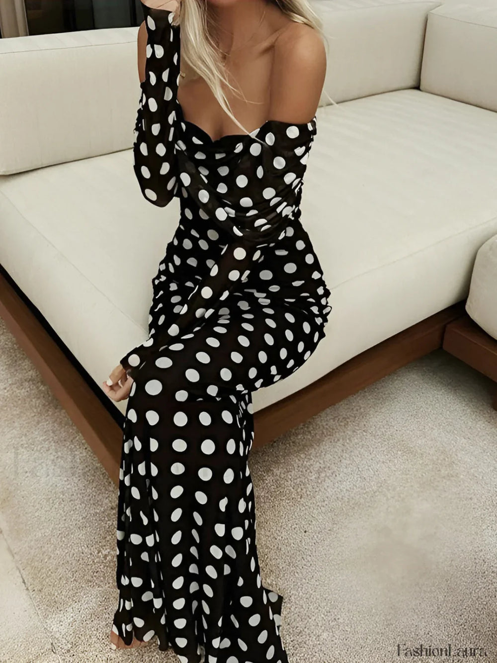 Long Sleeve Off Shoulder Polka Dot Print Long Dress Dresses