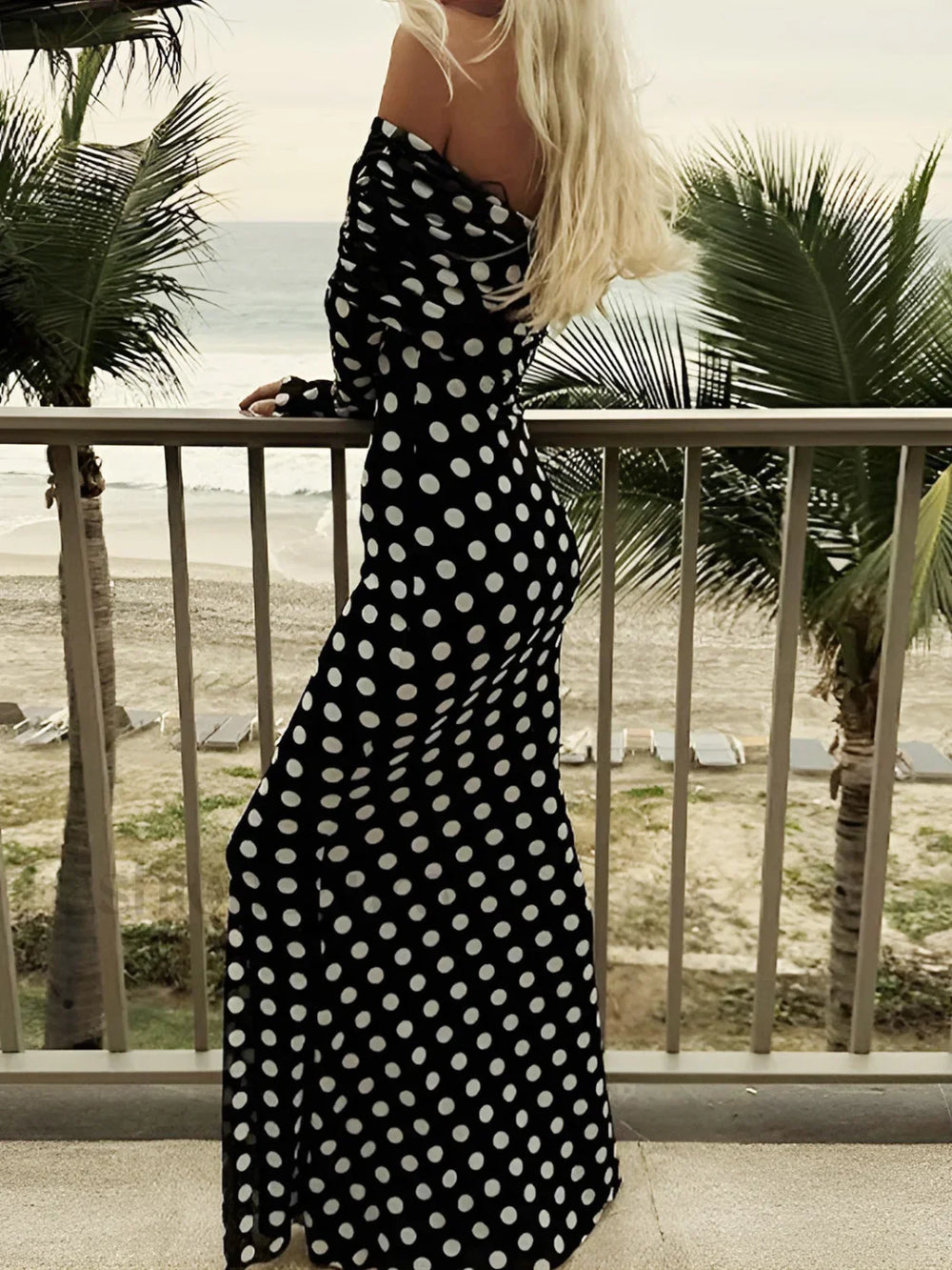 Long Sleeve Off Shoulder Polka Dot Print Long Dress Dresses