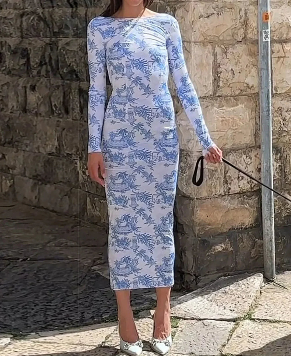 Long Sleeve Ribbed Floral Dress Blue / S