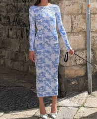 Long Sleeve Ribbed Floral Dress Blue / S