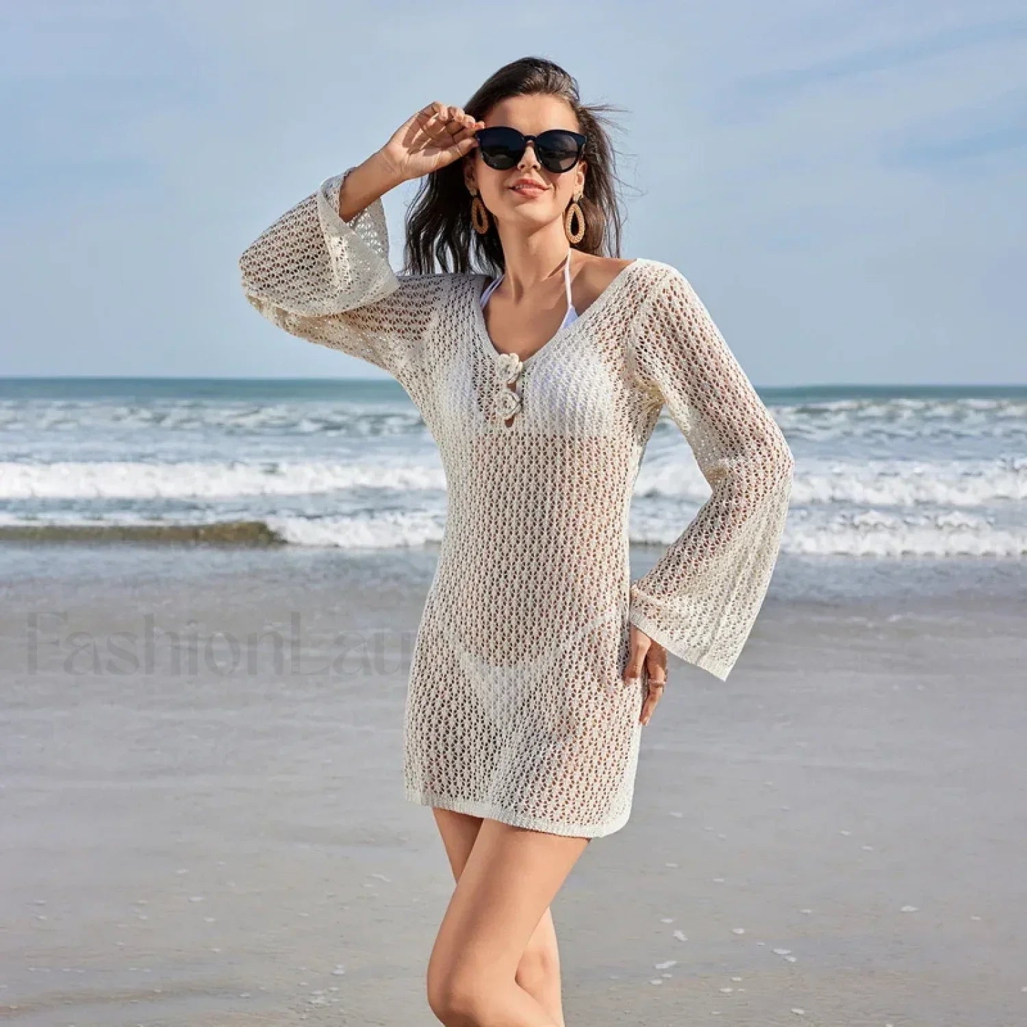 Long Sleeve Shirt Beach Cover Up WHITE / S