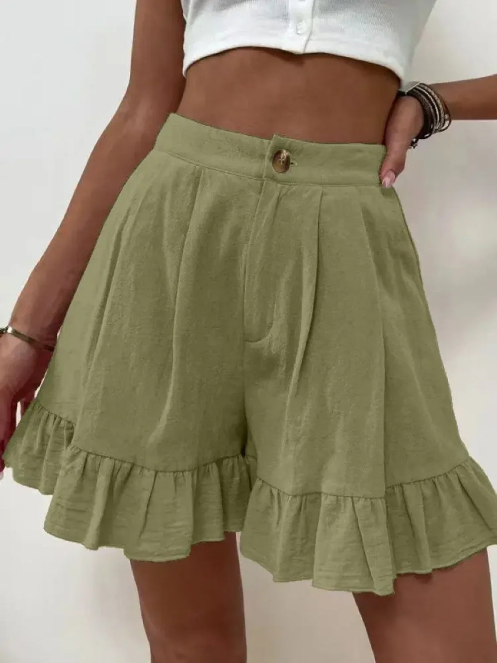 Loose Cotton Hemp Button Zipper Pocket High Waist Short ArmyGreen / S