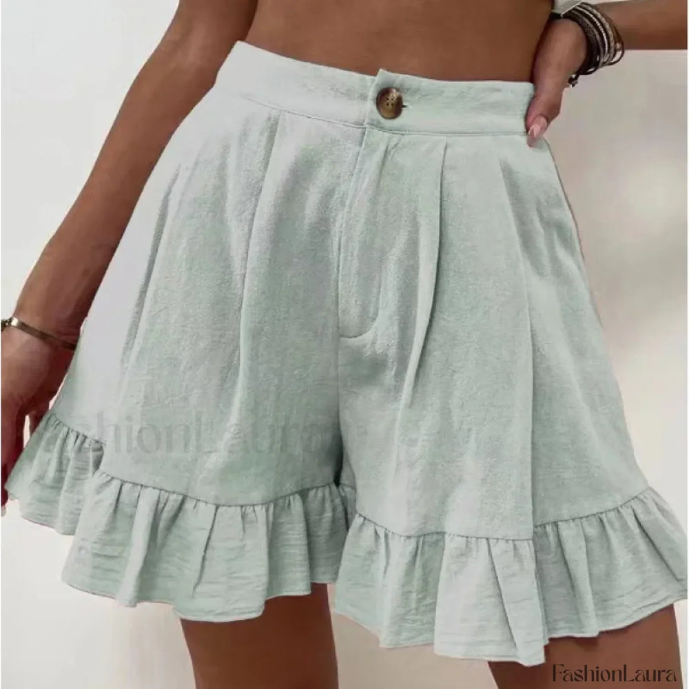 Loose Cotton Hemp Button Zipper Pocket High Waist Short MintGreen / S