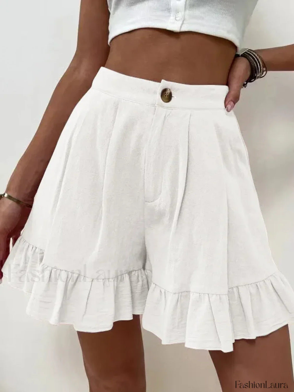Loose Cotton Hemp Button Zipper Pocket High Waist Short White / S