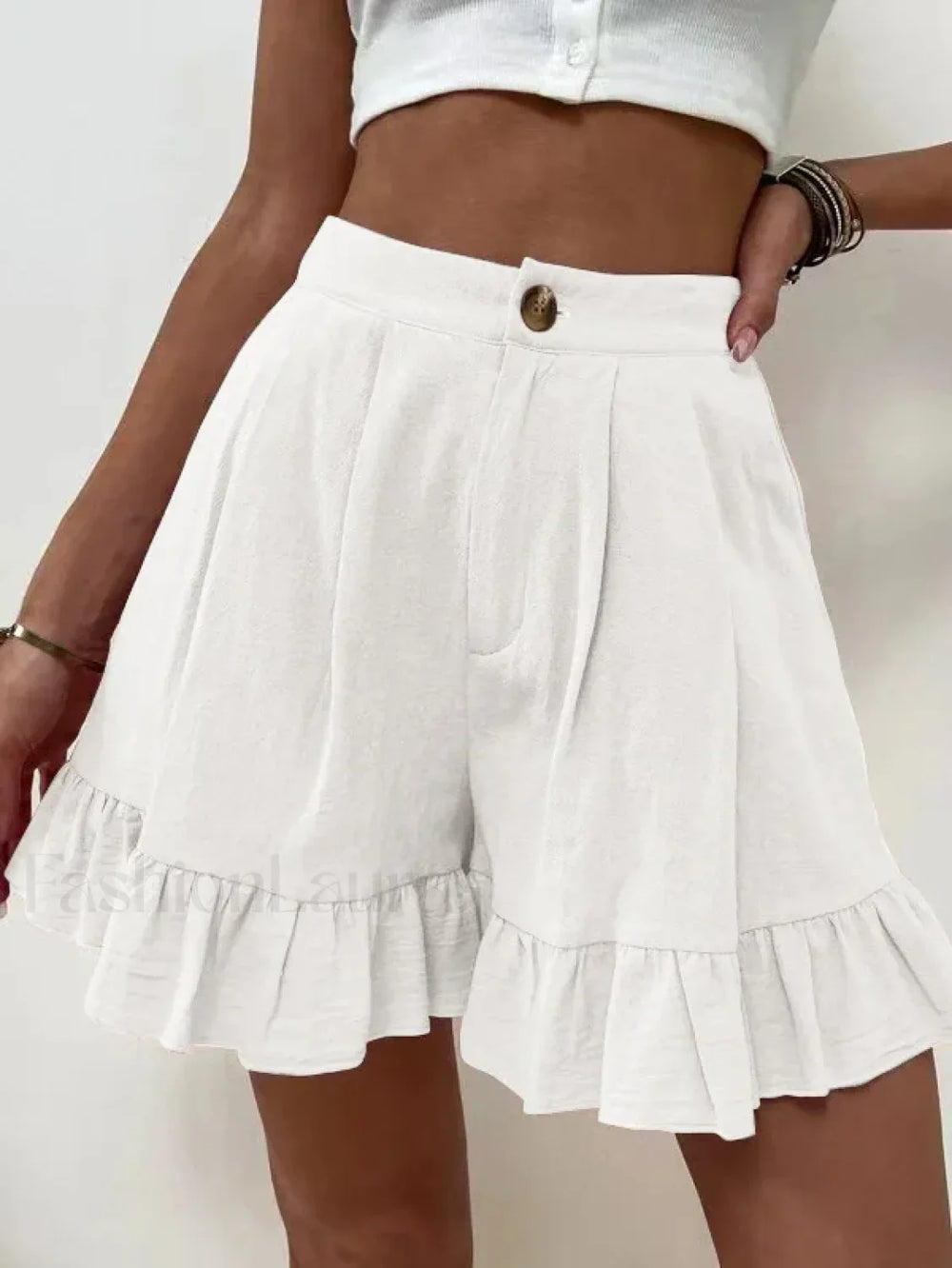 Loose Cotton Hemp Button Zipper Pocket High Waist Short White / S