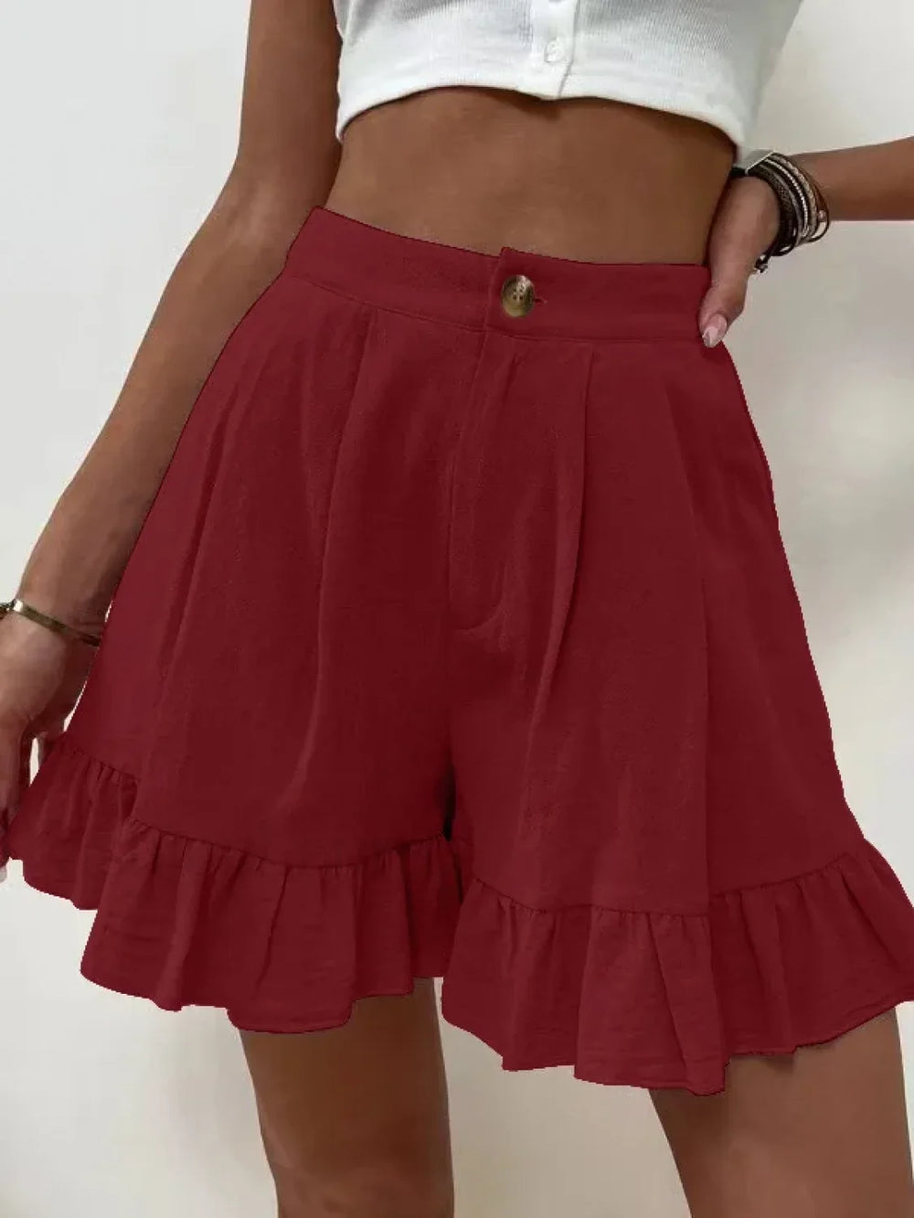 Loose Cotton Hemp Button Zipper Ruffle Short Claret / S