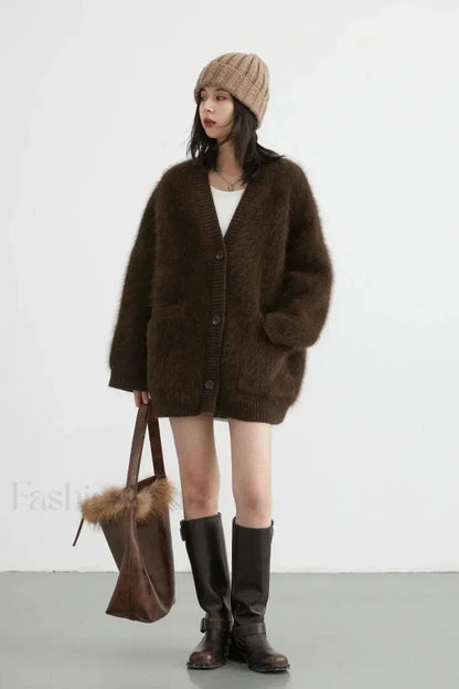 Loose Fit Rabbit Hair Knit Cardigan