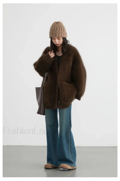 Loose Fit Rabbit Hair Knit Cardigan