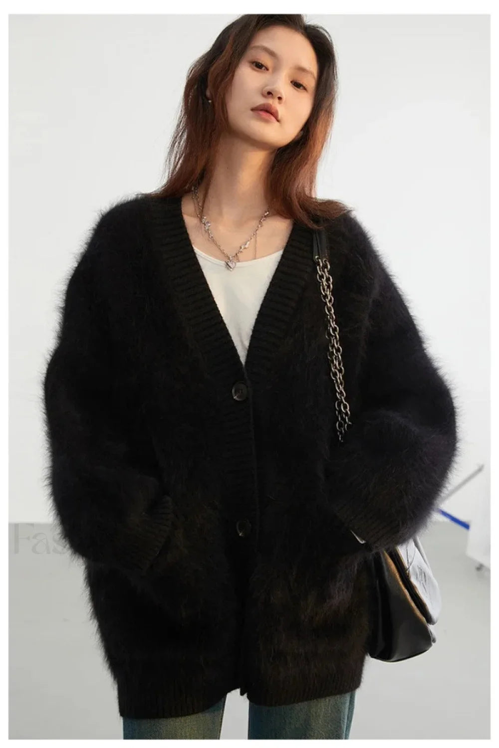 Loose Fit Rabbit Hair Knit Cardigan Black / S