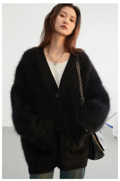 Loose Fit Rabbit Hair Knit Cardigan Black / S