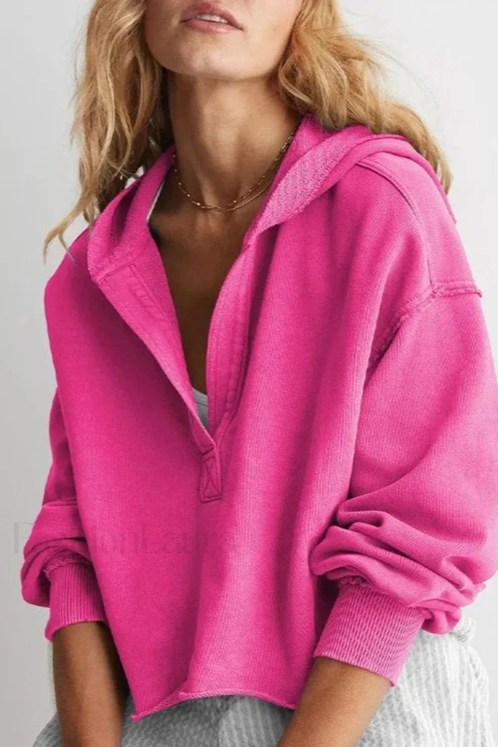 Loose Fit V Neck Hooded Hoodie Pink / S