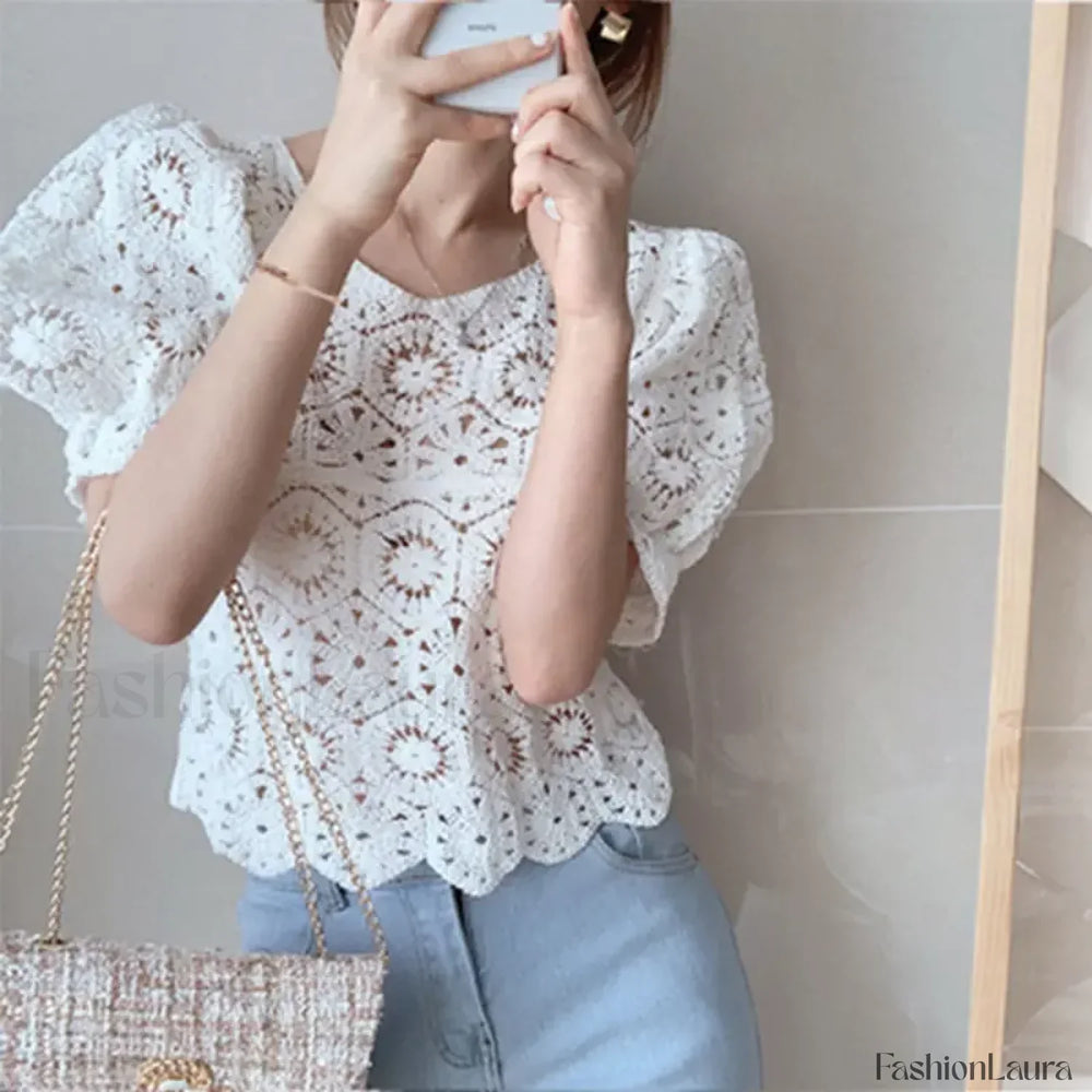 Loose Hollow out Crocheted Puff Short Sweater Blouse