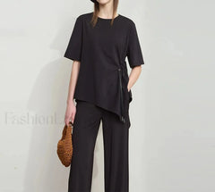 Loose Round Neck Summer T Shirt Black / S