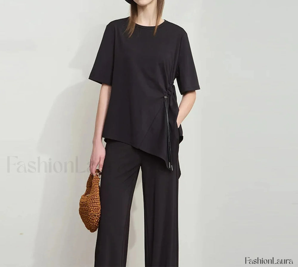 Loose Round Neck Summer T Shirt Black / S