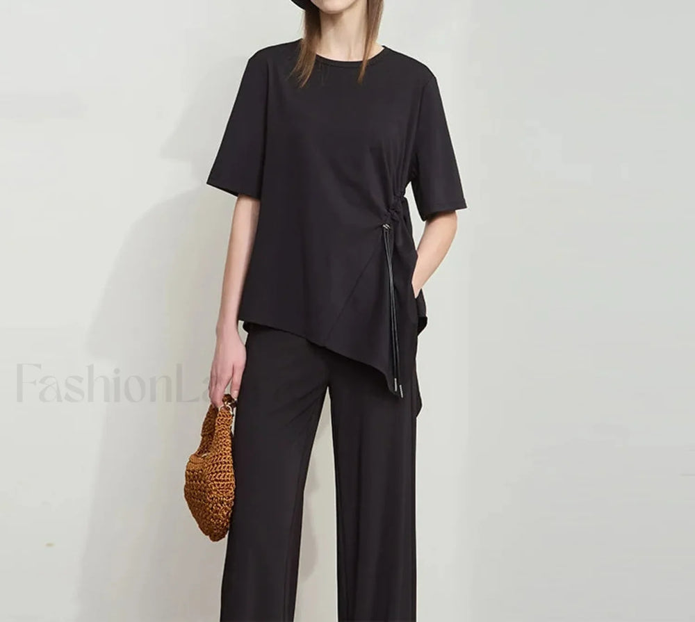 Loose Round Neck Summer T Shirt Black / S