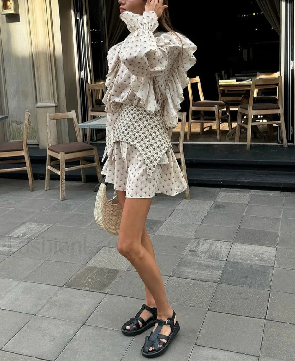 Loose Ruffle Mini Floral Dress Beige / S / CHINA