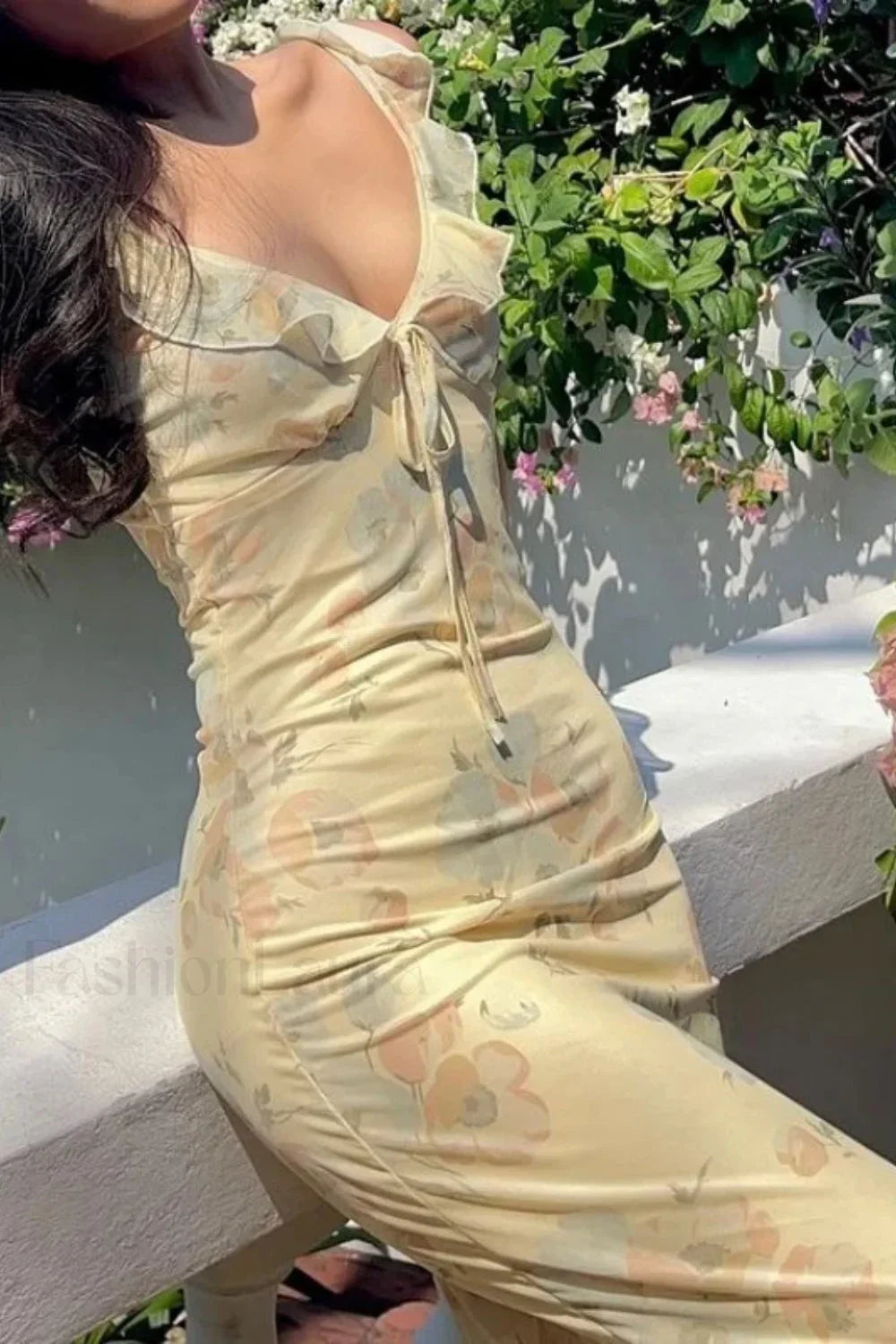 Low Cut Ruffled Cami Vacation Maxi Dress