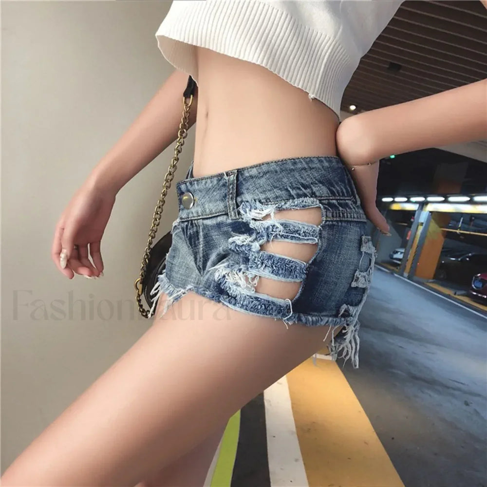Low Waist Bandage Ripped Hole Denim Shorts