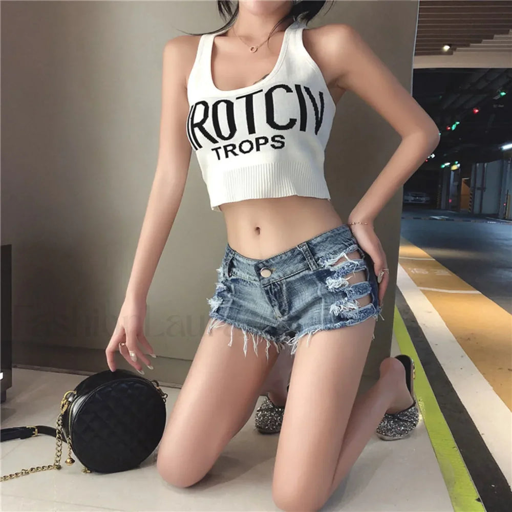 Low Waist Bandage Ripped Hole Denim Shorts
