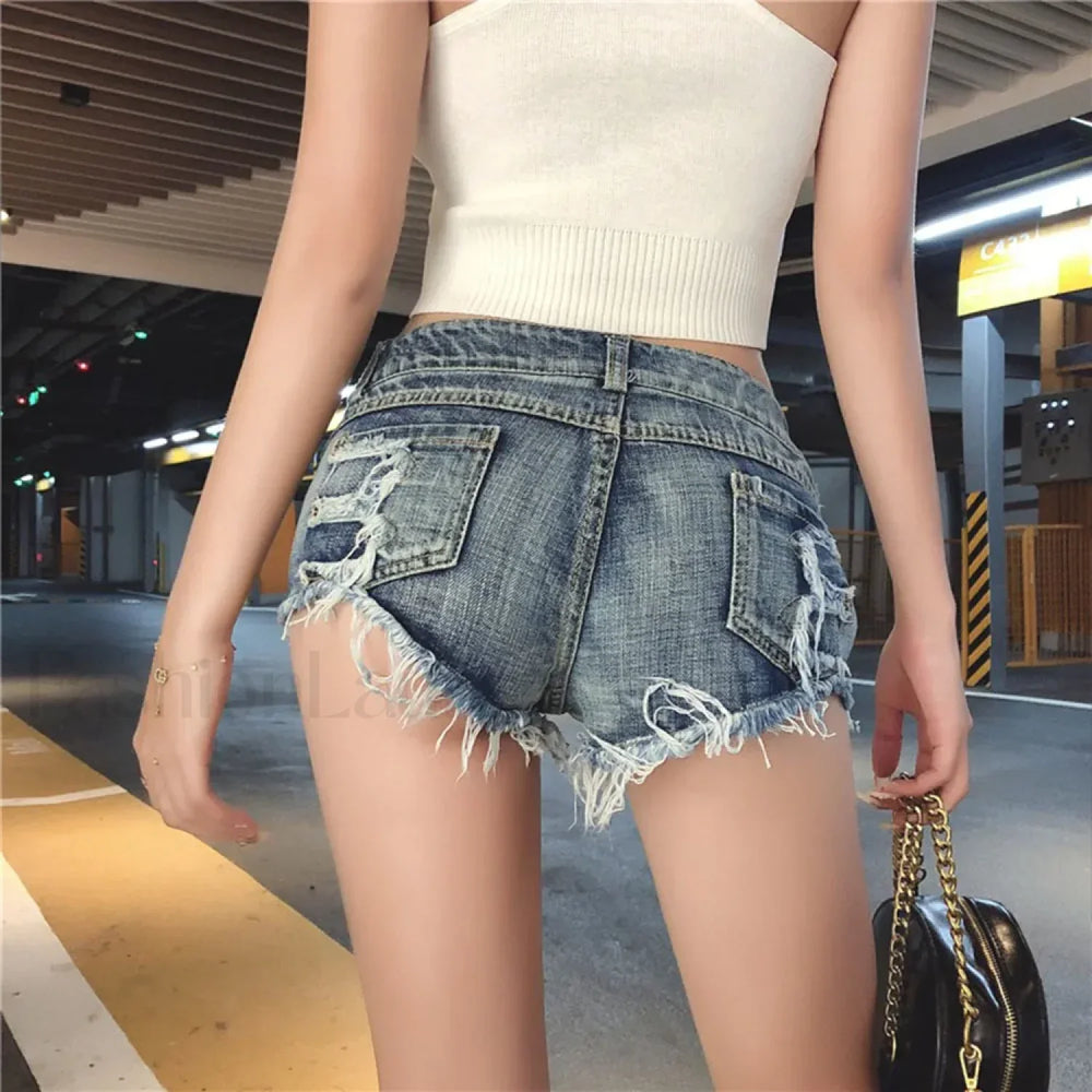 Low Waist Bandage Ripped Hole Denim Shorts