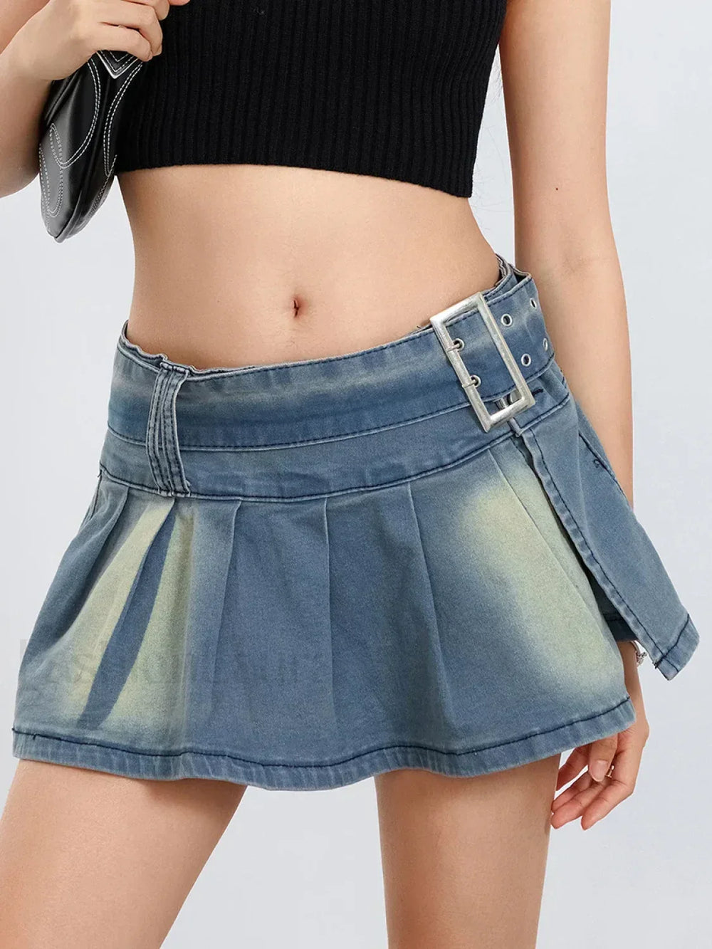 Low Waist Denim Pleated Streetwear Skirt