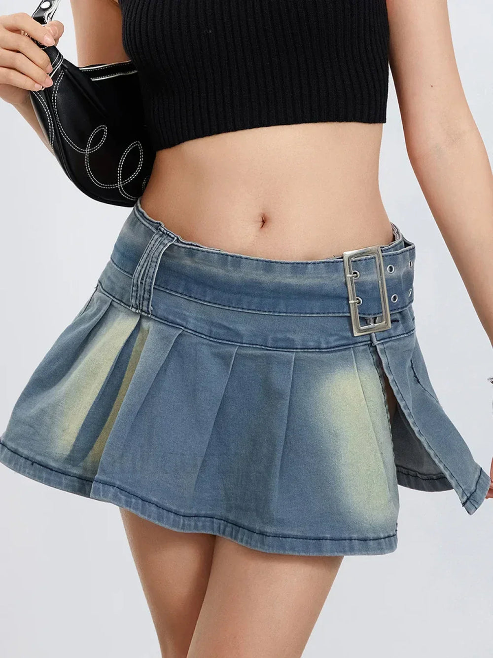 Low Waist Denim Pleated Streetwear Skirt