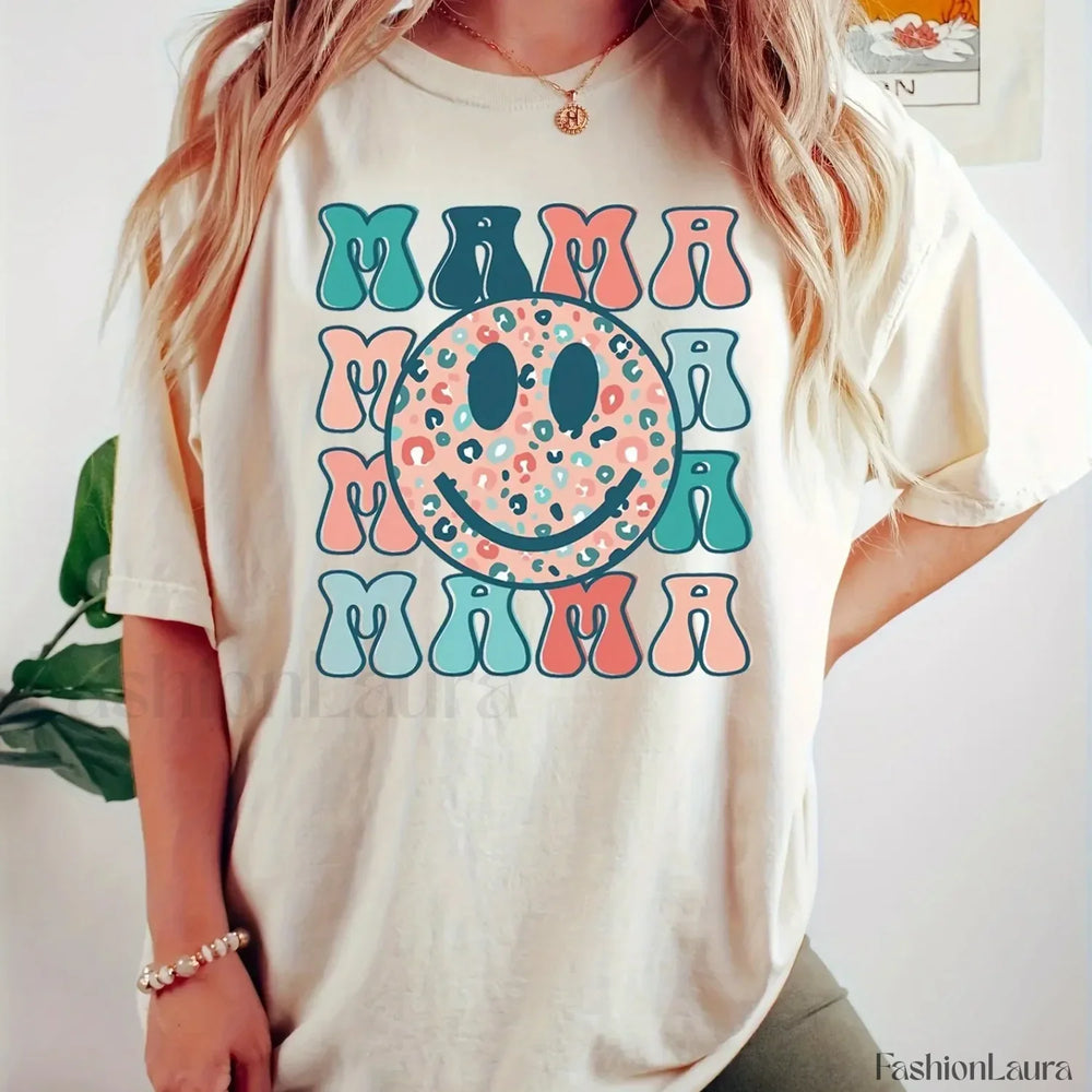 Mama Print Crew Neck Casual Spring T Shirt APRICOT / S
