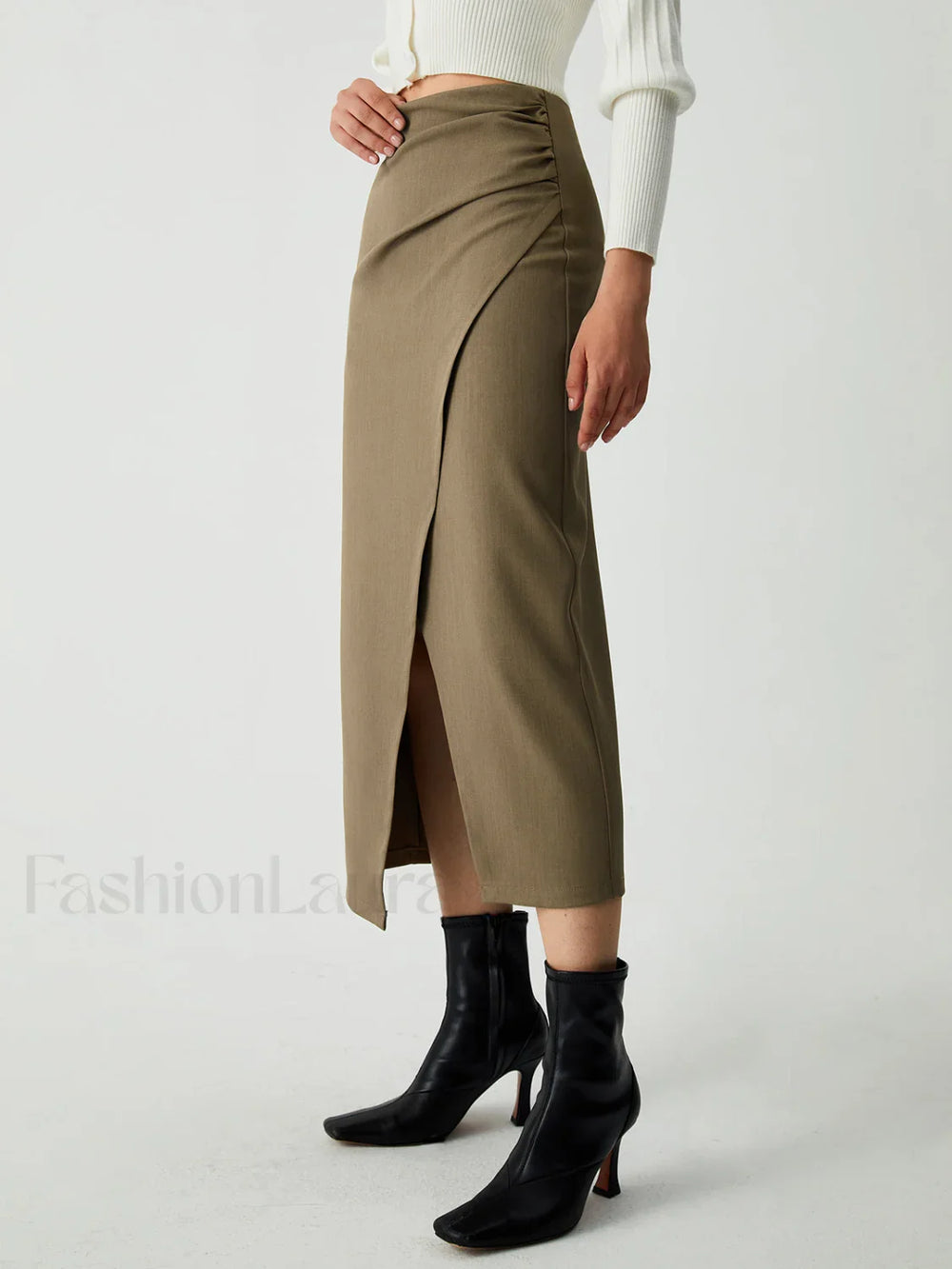 Maple Wrap Graceful Slit Midi Skirt Khaki / XS Skirts