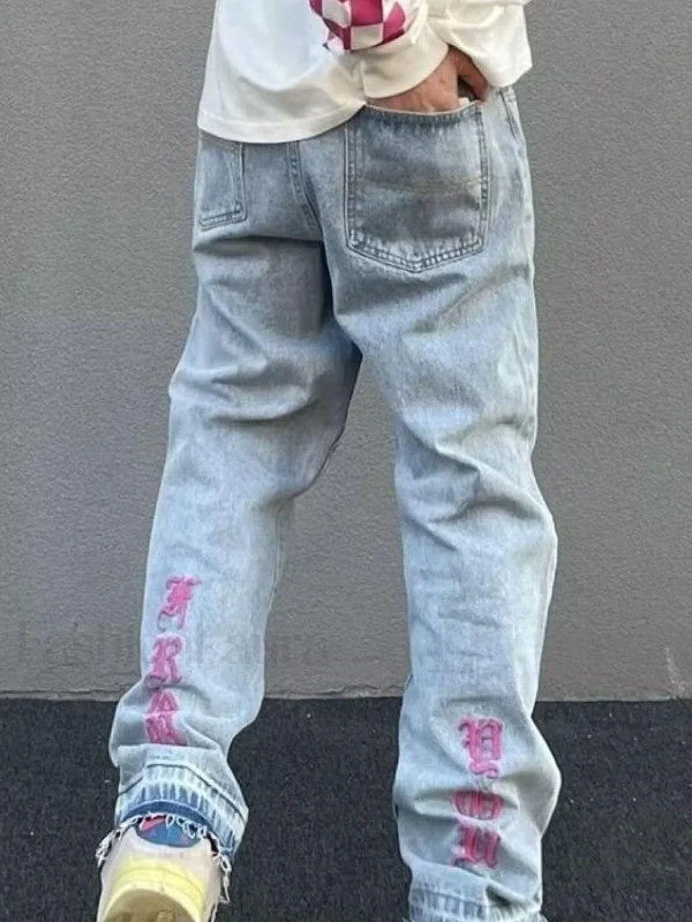 Men’s Letter Embroidered Light Wash Loose Jeans Blue / 2XL loose jeans