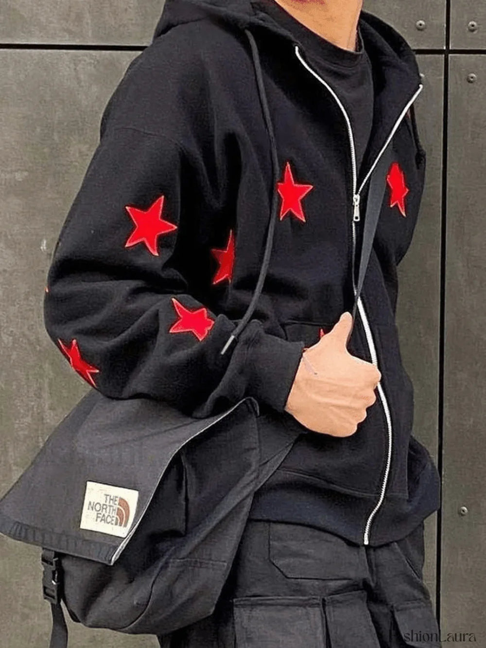 Men’s Patch Star Zip Up Hoodie Sweatshirts & Hoodies L